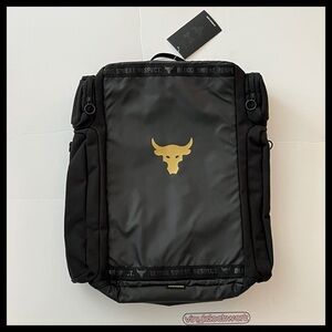 UA Under Armour Project Rock Duffle Backpack Bag Black Gold Gym 1376459-002 $130